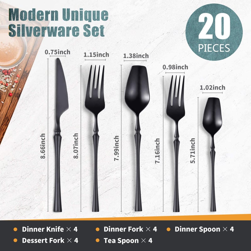 Lemeya 20-Piece Matte Black Silverware Set for 4,Modern 18/10 Stainless Steel Flatware Set,Unique Rustic Cutlery Utensils Set,Spoon and Fork Set for Home, Restaurant,Mirror Polished,Dishwasher Safe - Image 2